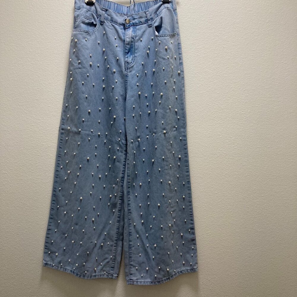 Light Blue Pearl Embellished Wide Leg High Rise Chunky L Women's Jeans